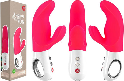 Three different views of the pink Miss Bi Vibrator and its packaging.