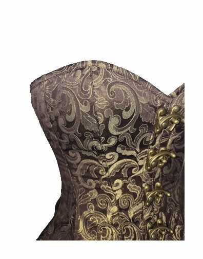 The A close up of the fabric and closures on the Brown Steampunk Satin Skirted Overbust Corset.