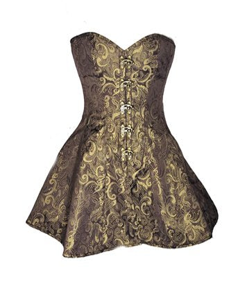 The Brown Steampunk Satin Skirted Overbust Corset, front view.