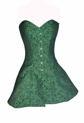 The green brocade Skirted Overbust Corset, front view.