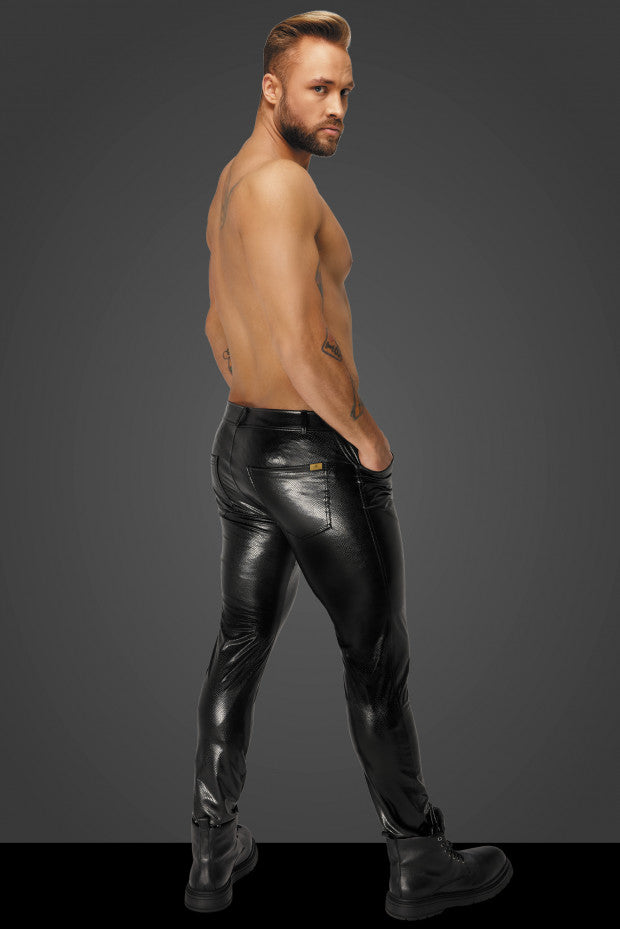 A shirtless model wearing the Snakeskin Wetlook Pants with Back Pockets, rear view.