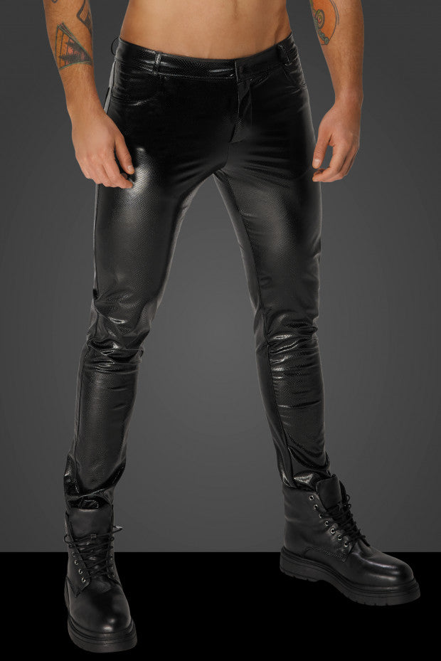 A shirtless model wearing the Snakeskin Wetlook Pants with Back Pockets, closer front view.