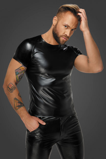 A model wearing the Wetlook T-Shirt with Snakeskin Sleeves, front view.