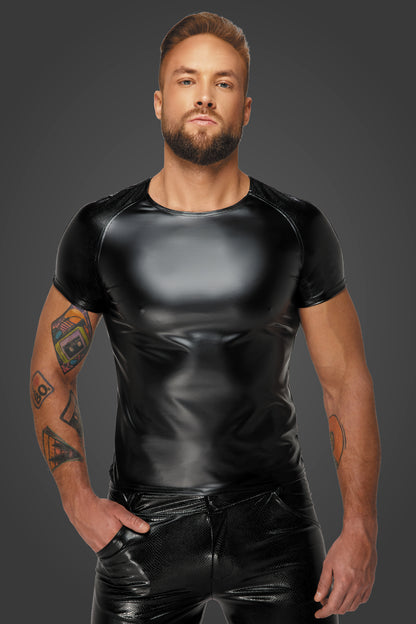 A model wearing the Wetlook T-Shirt with Snakeskin Sleeves, front view.