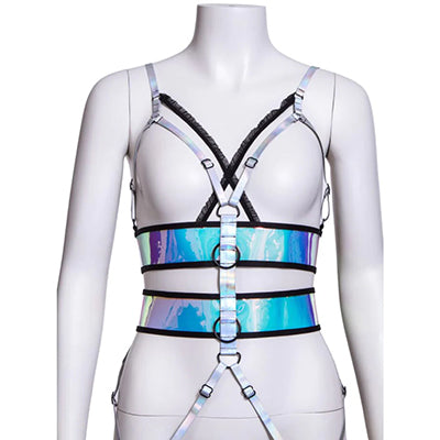 A close up of the front of the Double Strap Holographic Suspender Harness.