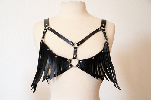 Adjustable Black Leather Fringe Harness