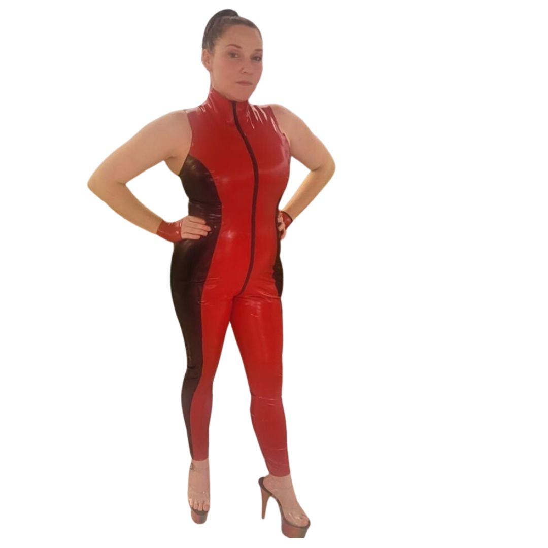 Model wearing Sabrina Two Tone Latex Catsuit with hands on the hips