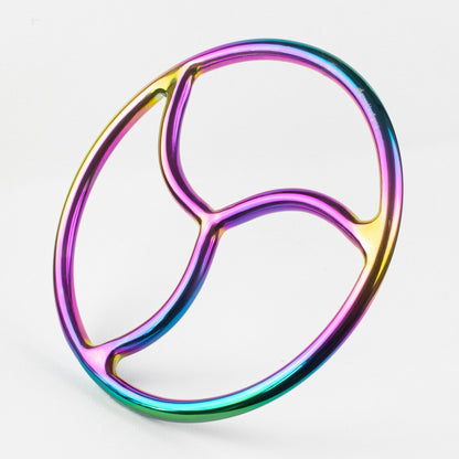 A steel rainbow suspension ring with the BDSM triadic symbol inside of it.