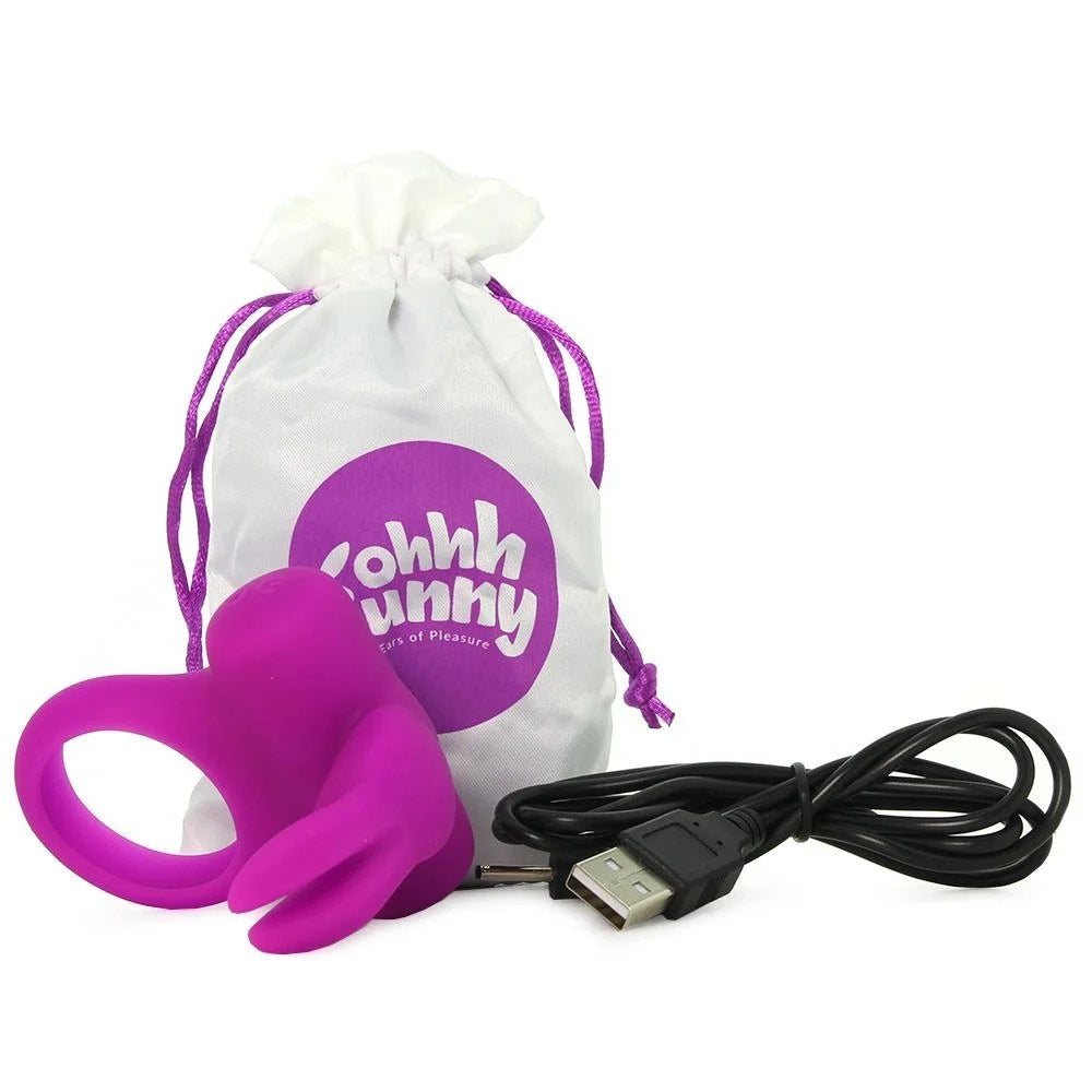 The storage back charging cord and purple Vedo Frisky Bunny Rechargeable Cock Ring Vibrator.