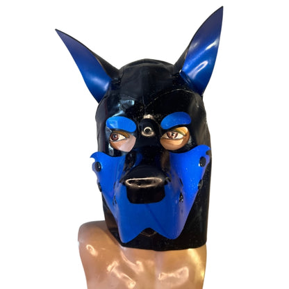 The front of the Blue and Black Large Latex Doggy Hood with furry cheeks.