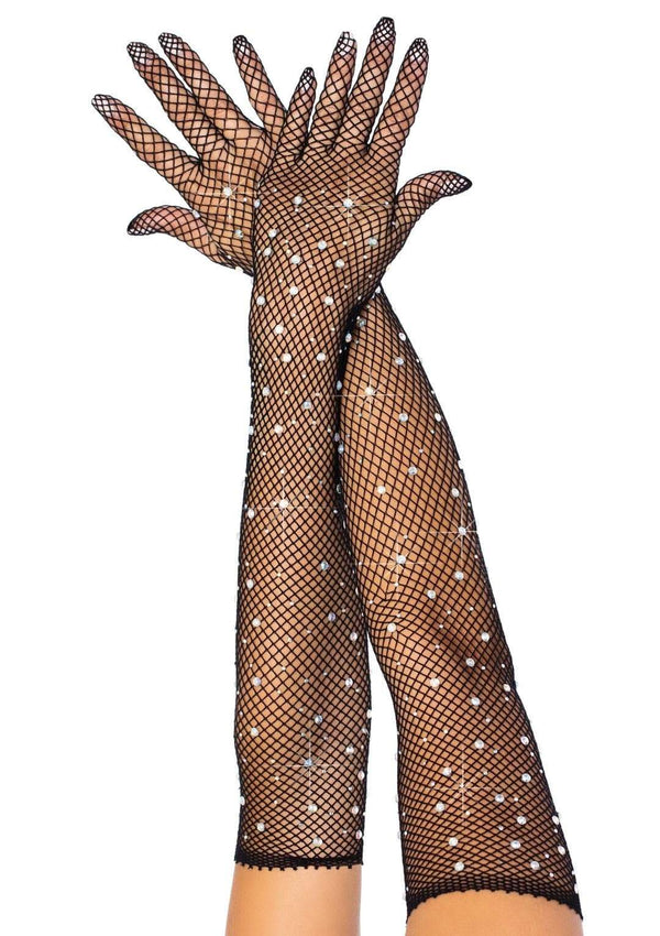 A model's arms and hands wearing the black Fishnet Opera Gloves with Rhinestones.