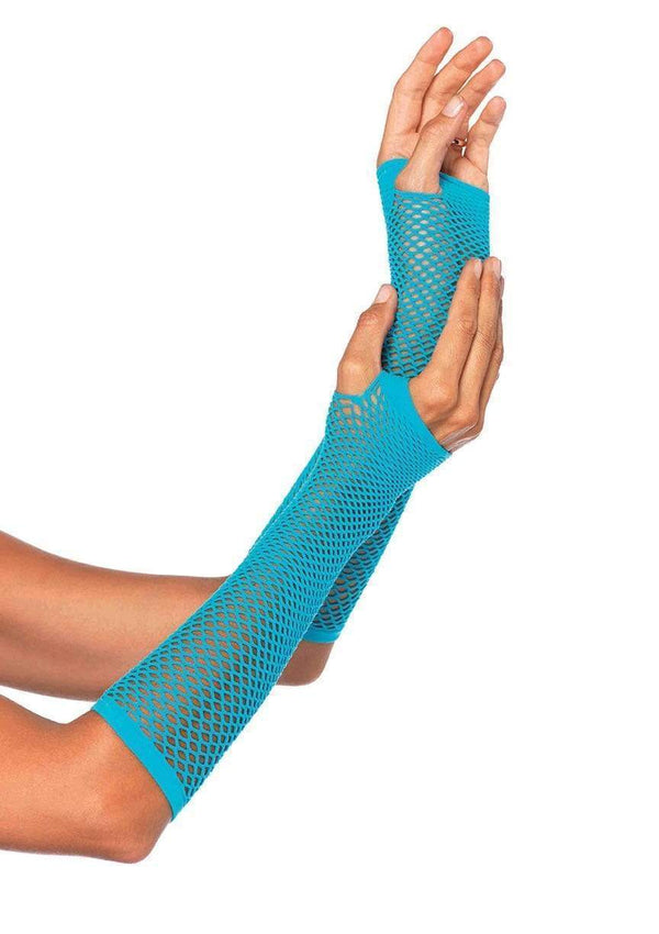A model's arms and hands wearing the neon blue Fingerless Fishnet Gloves.