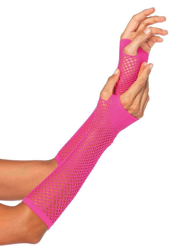 A model's arms and hands wearing the neon pink Fingerless Fishnet Gloves.