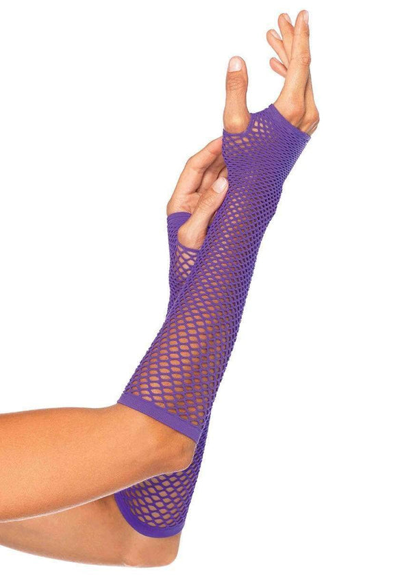 A model's arms and hands wearing the neon purple Fingerless Fishnet Gloves.