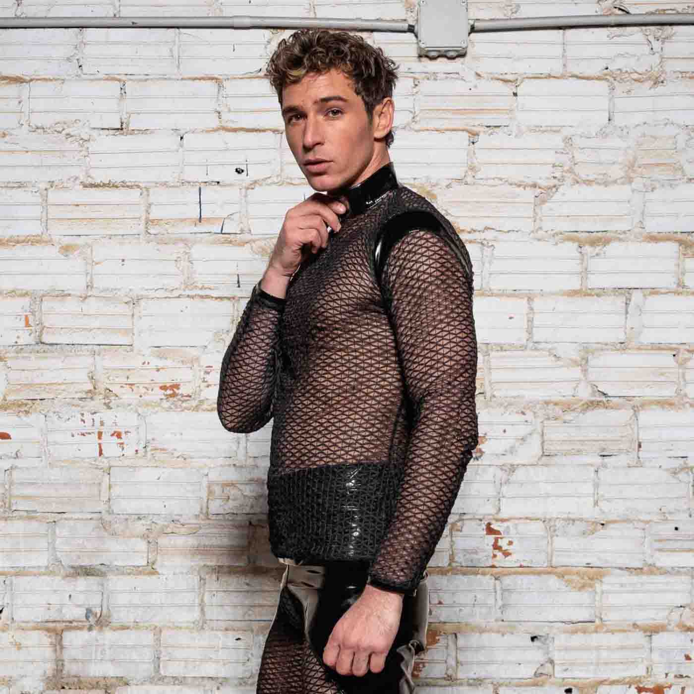 A model wearing the Leif Net & PatentT-Shirt with black patent and net shorts, front and left side view.