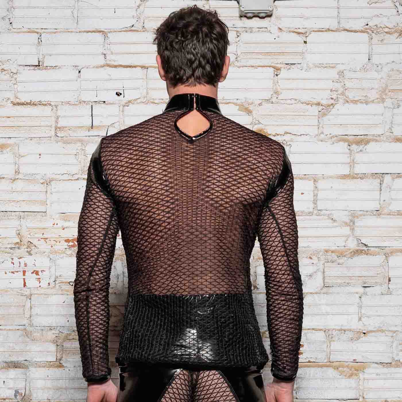 A model wearing the Leif Net & PatentT-Shirt with black patent and net shorts, rear view.