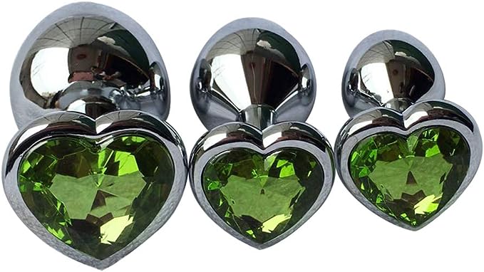 Three Steel Heart Jewel Anal Plugs of different sizes with light green heart jewels.