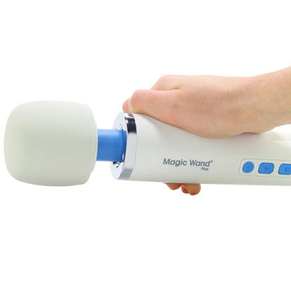 A close up of a hand holding the Magic Wand Vibrator Plus.