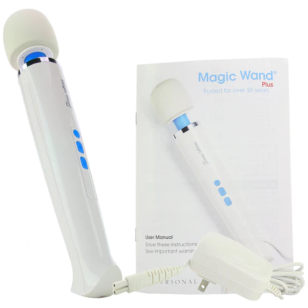 The Magic Wand Vibrator Plus with its charging cord and user manual.