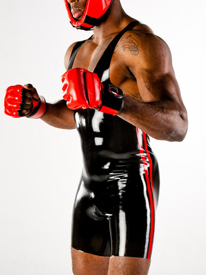 The black Latex Wrestling Suit with red Piping on model, front view.