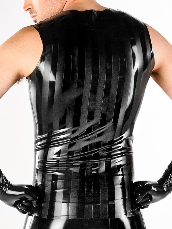 The black Striped Latex Sleeveless Shirt with Zip on a model, rear view.