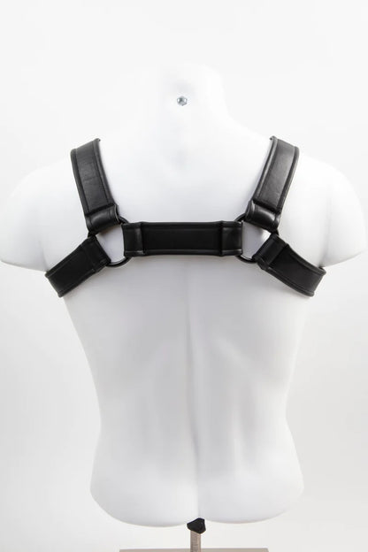 The Leather Bulldog Harness with Detachable O-ring Center Strap on a mannequin, rear view.