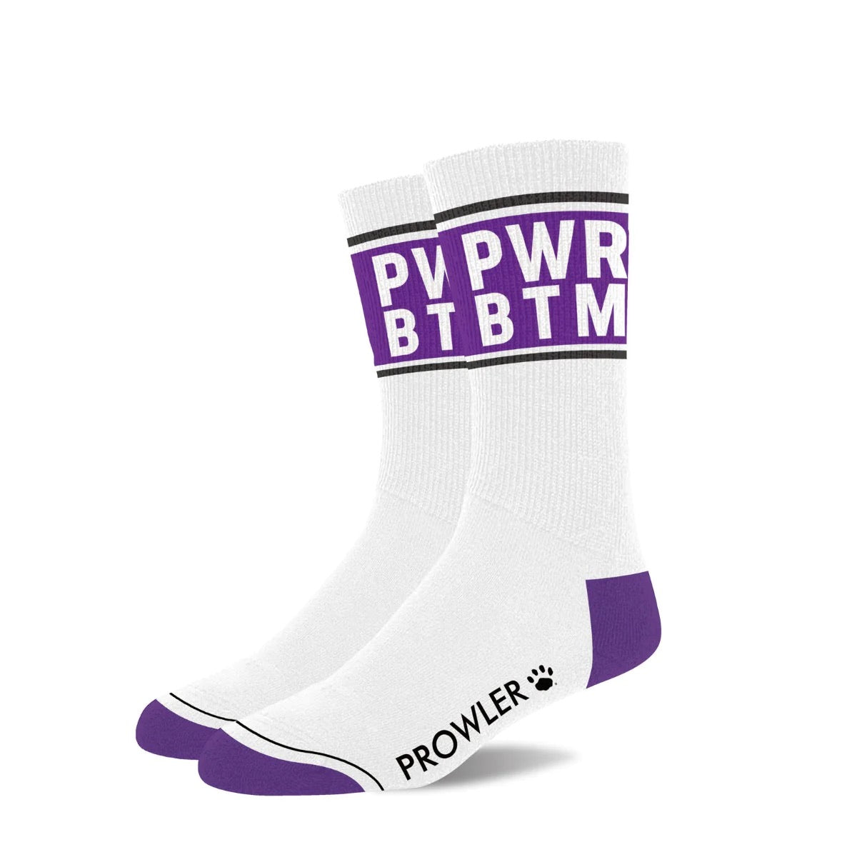 A pair of White & Purple "PWR BTM" Prowler Text Socks.
