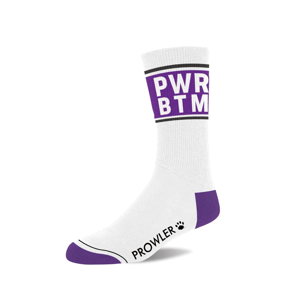 A single White & Purple "PWR BTM" Prowler Text Sock.