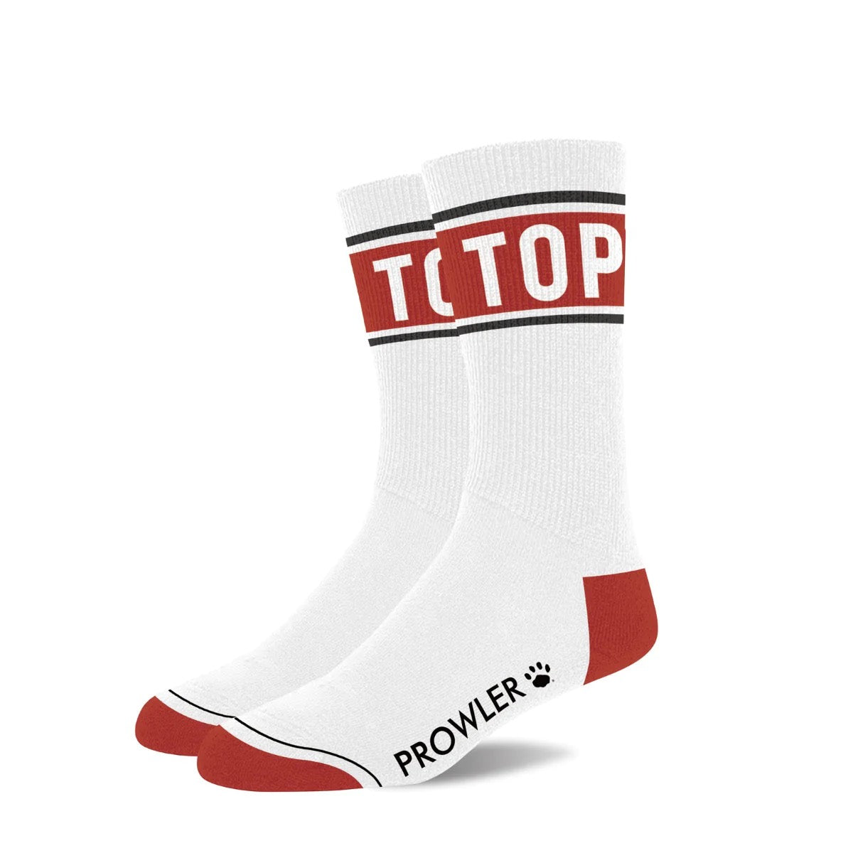 A pair of White & Red "Top" Prowler Text Socks.