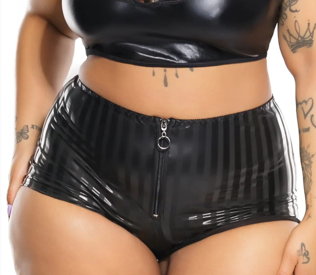 black wetlook pinstripe booty shorts with front zip on model