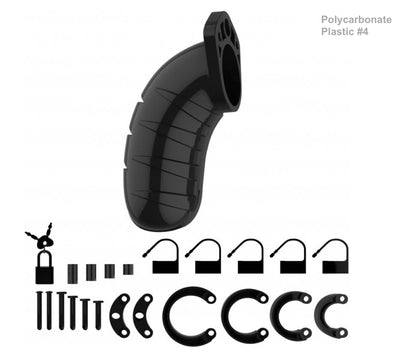 The black polycarbonate plastic Mancage Chastity Device model #4 with all of its attachments.