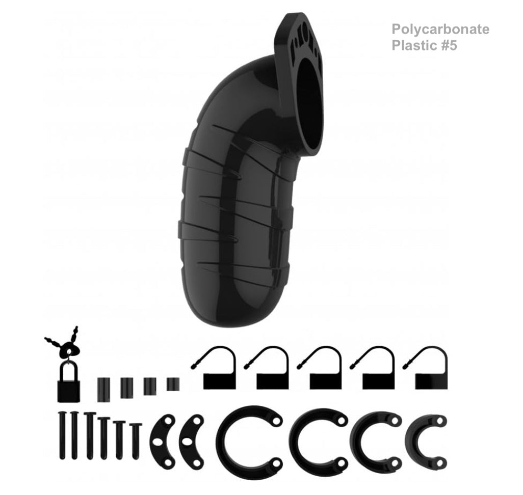 The black polycarbonate plastic Mancage Chastity Device model #5 with all of its attachments.