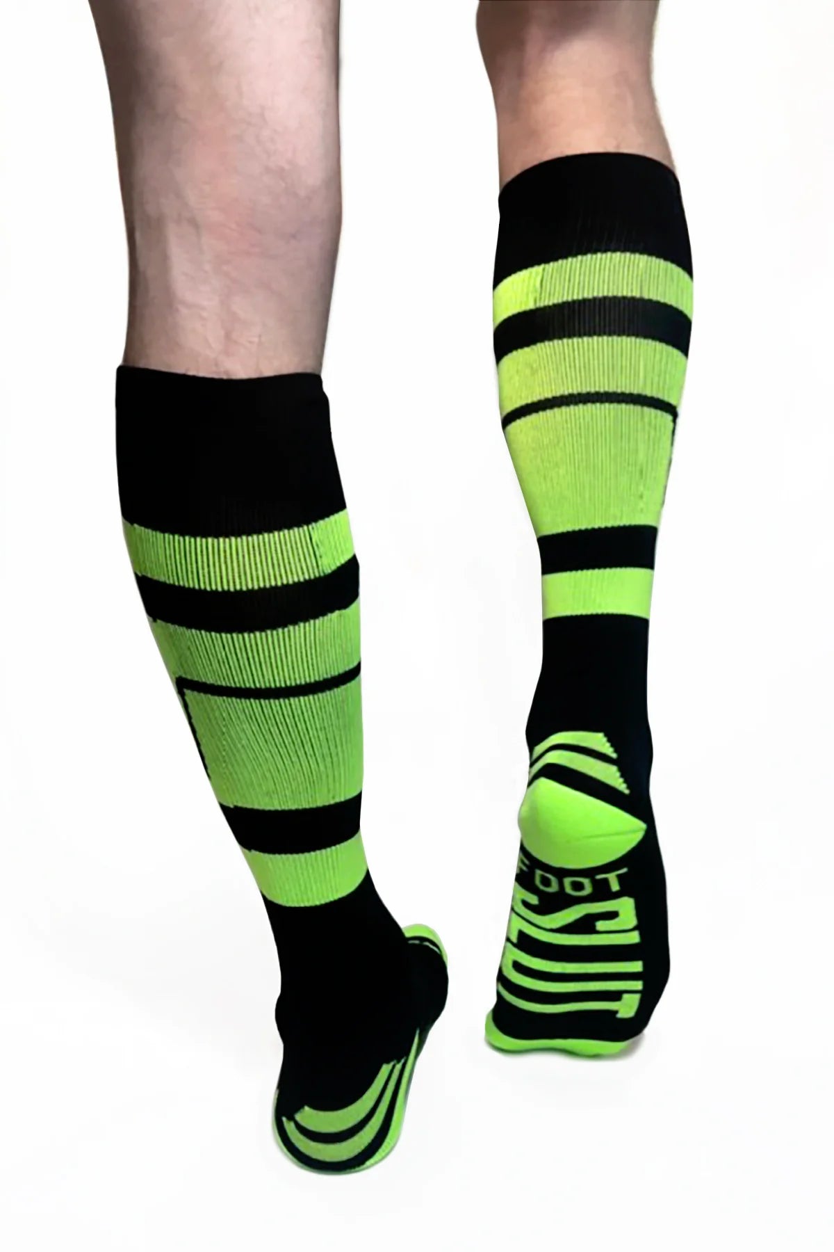 Pocket sock in neon green on male model back view