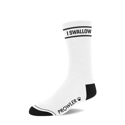 A single White & Black "I Swallow" Prowler Text Sock.