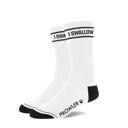 A pair of White & Black "I Swallow" Prowler Text Socks.