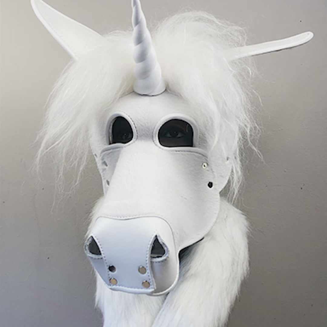 rotating White Leather Unicorn mask
