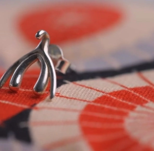 A video panning across the Clit Earrings sitting on a colorful surface.
