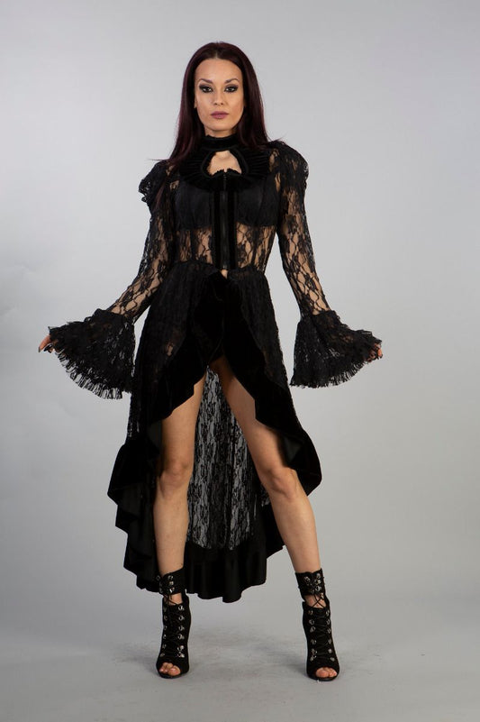 A model wearing the Velvet & Lace Queen Jacket over a black bra and shorts, front view.