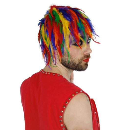 A model wearing the Multicolor Hackle Feather Wig.