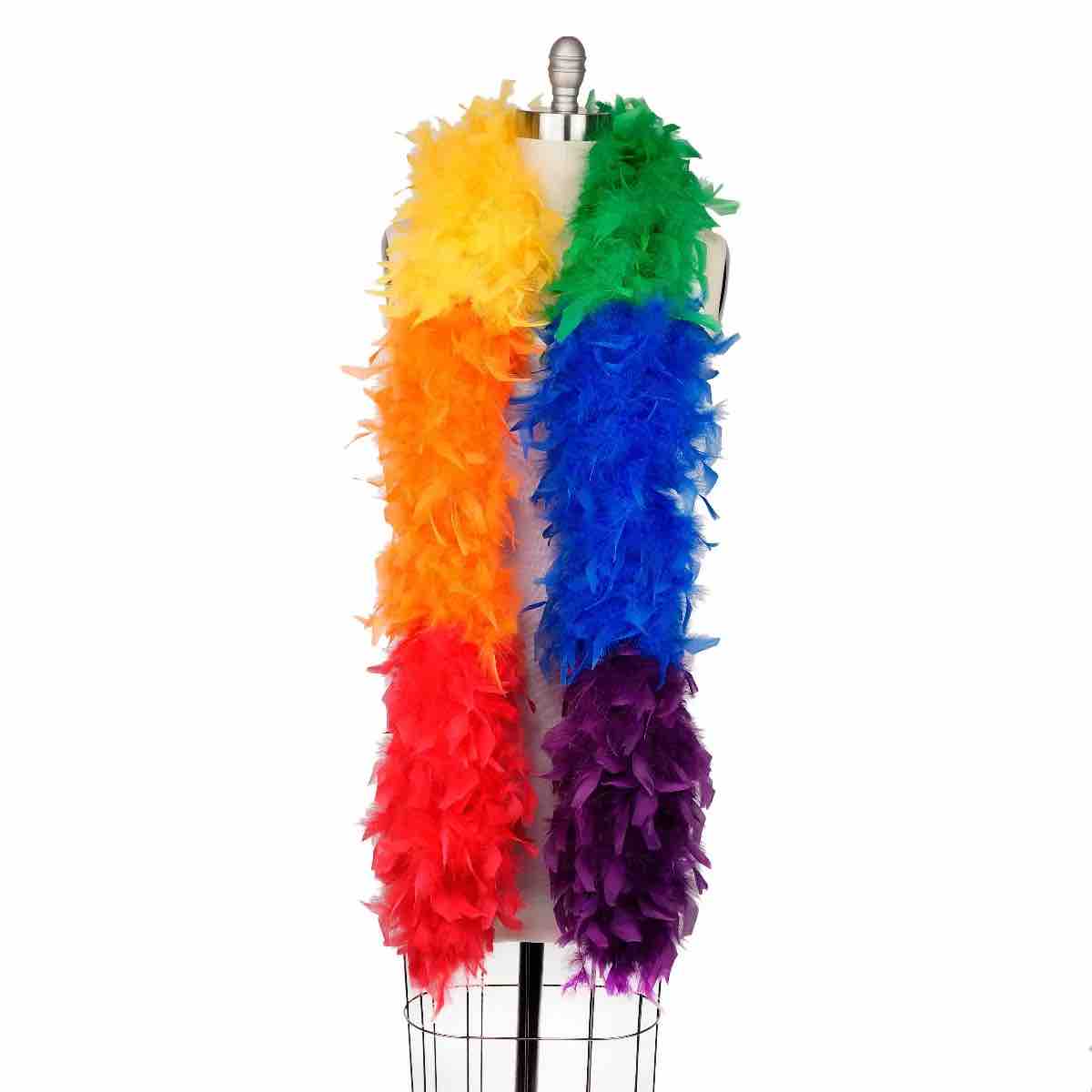 The Rainbow Chandelle Feather Boa hanging around a mannequin's neck.