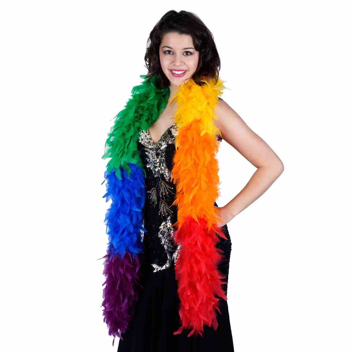 A model in an black evening gown wearing the Rainbow Chandelle Feather Boa around their neck.