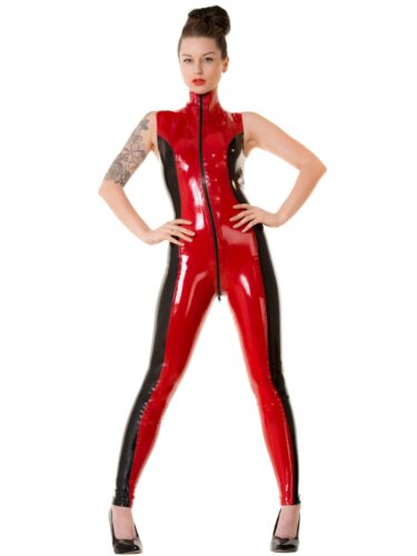 A model wearing the Sabrina Two Tone Latex Catsuit, front view.
