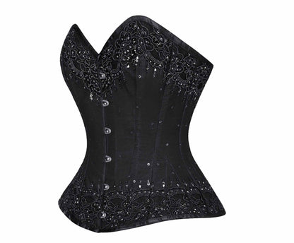 The front and left side of the black Beaded Lace Overlay Couture Corset.