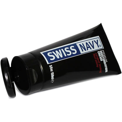 A 5 ounce tube of Swiss Navy Masturbation Cream with cap open, front view.