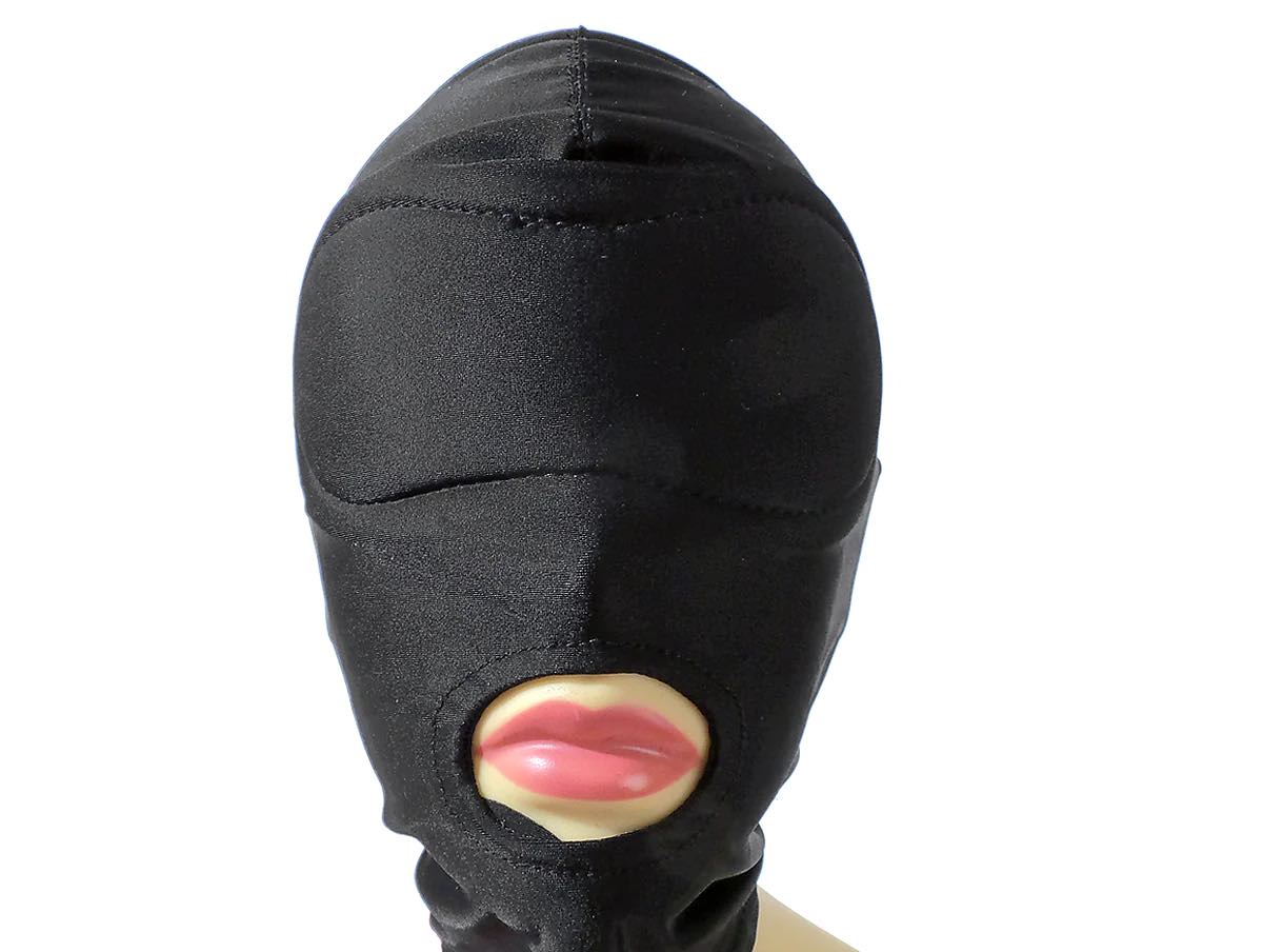 A a mannequin head wearing the Spandex Hood with built in mask and mouth hole, front view.