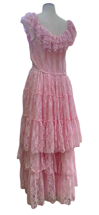The pink Lace Wednesday Off Shoulder Dress, front and right side view.