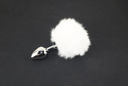 White Stainless Steel Real Rabbit Fur Tail Plug.