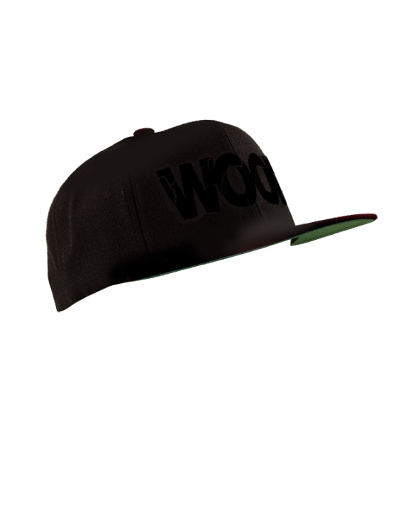 The black Woof Cap with black letters and K-Ear Snaps.