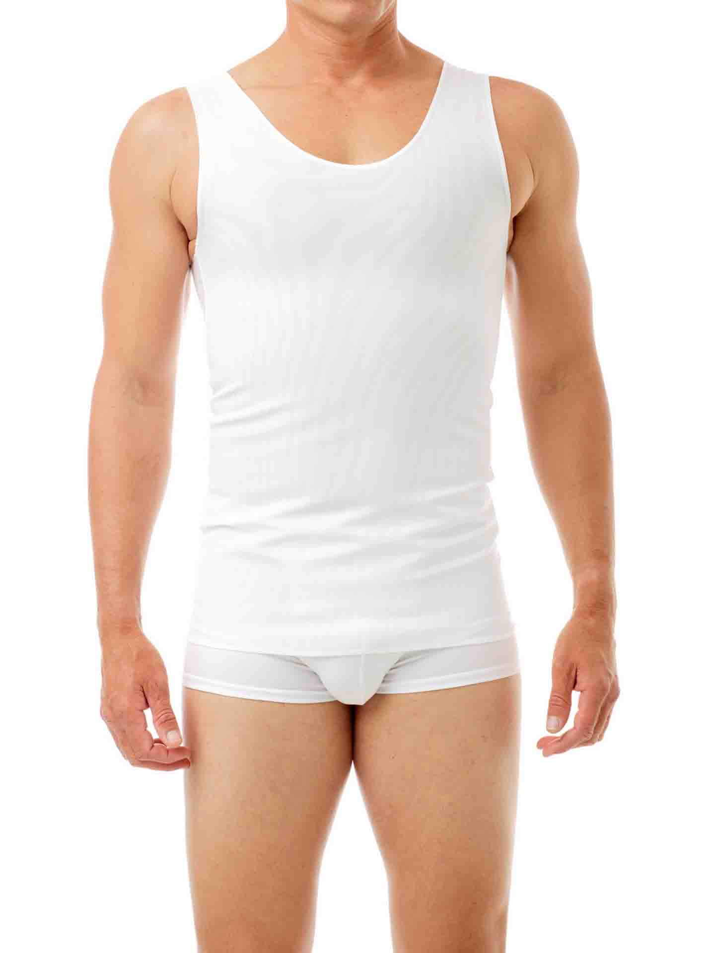 The front of the white Ultimate Chest Binder Tank.