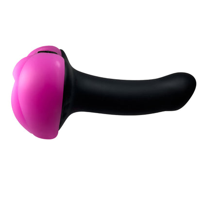The pink Lippi Soft Silicone Dildo Base attached to a black dildo, side view.